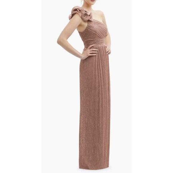 After Six Dress S Sienna Metallic Ruffle One Shoulder Long Column Gown Lined NEW - Picture 2 of 10